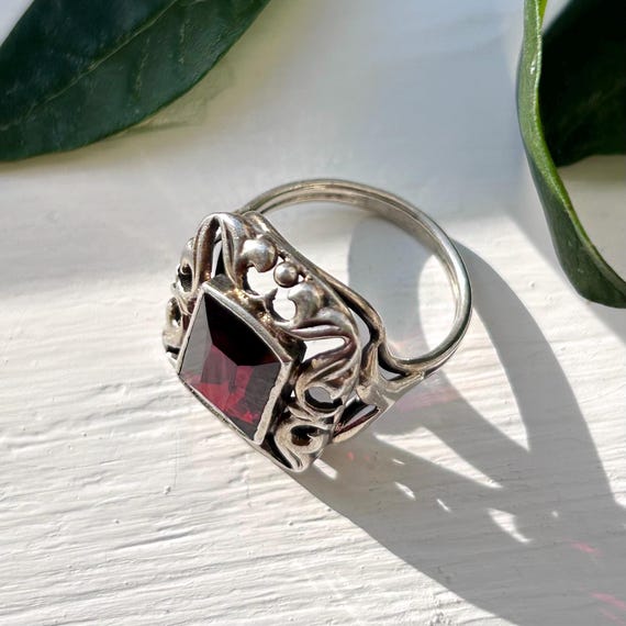 Art Deco Silver Rectangular Red Glass Antique Ger… - image 4