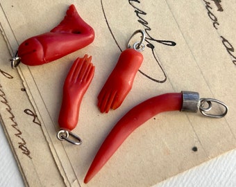 Antique Coral Horn, Hand and Fish Charms, Genuine Coral, Rare Collectible Jewely, Small Antique Coral Pendant, Lucky Fob Charms