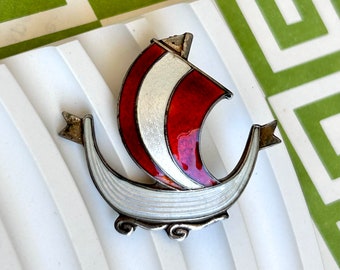 Aksel Holmsen Norwegian Sterling Silver Viking Ship Red and White Guilloche Enamel Vintage Brooch, Mid-Century Scandinavian Silver Pin