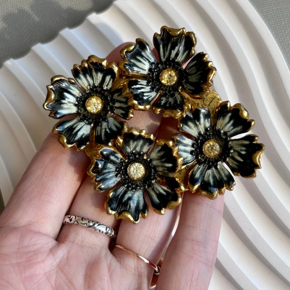 Black Flower Enamel Vintage/Antique Huge Brooch, … - image 3