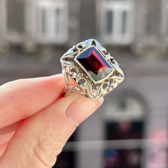 Art Deco Silver Rectangular Red Glass Antique Ger… - image 9