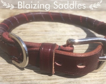 Burgundy, Fancy Stitch, Rolled Leather Dog Collar made to any size