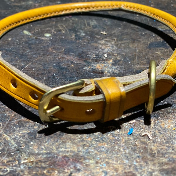 Yellow Leather Rolled Dog Collar size 18”-20” extra fine.