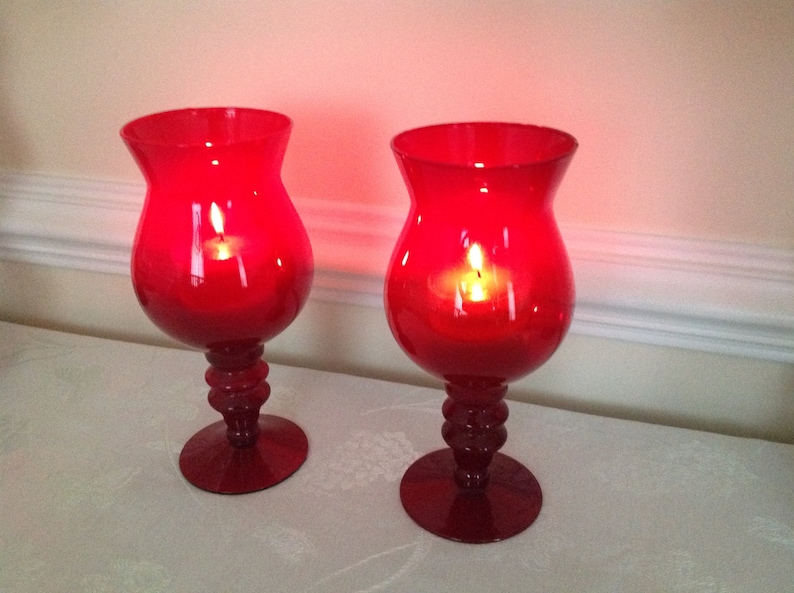 Vintage Ruby Red Hurricane Candle Holder Lamps Etsy