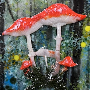 May include: A colourful artwork depicting a group of red and white mushrooms set against a forest background. The mushrooms have bright red caps with white spots and white stems. The background shows a forest scene with green, blue, and yellow tones.