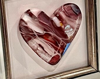Unusual framed glass heart; multiple layers of colour; mirror frame