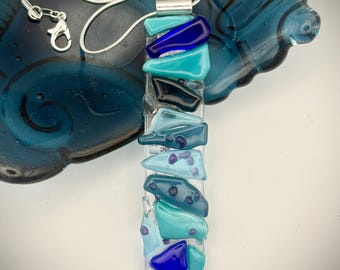 long rectangular 9cm blue textured pendant......art glass, hand-made in UK, unique art piece