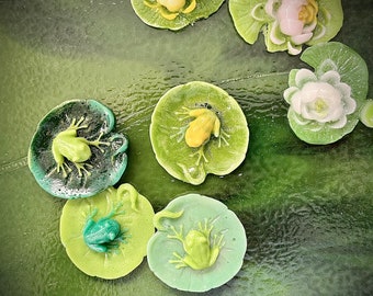 Fused Glass Frogs and Waterlily Flowers, Lilypad Accents, Handmade Glass Art
