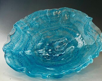 Unique fused glass "Ocean Bubbles" bowl, hand-made ,organic, chunky piece