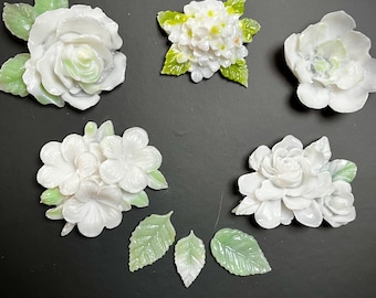 Bullseye Glass Floral Embellishments, Kiln Fired Flowers & Leaves, Set of 5