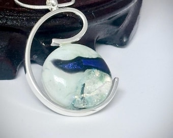Swirl pendant, hand-made fused dichroic glass, silver on copper setting, necklace included.