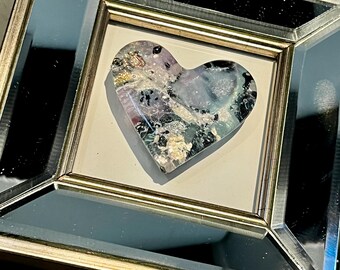 Fused Glass Heart in Mirrored Frame, Cosmic Decor