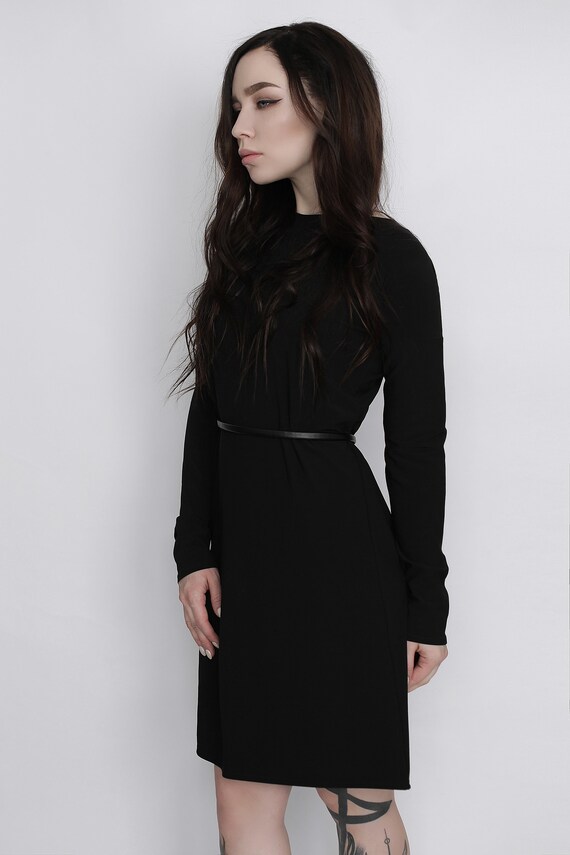 Black Tunic Dress With Longsleeves And Faux Leather Belt Etsy