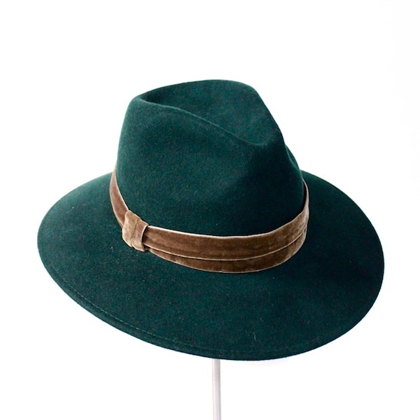 Sale! Bottle green felt fedora with luxury olive green velvet ribbon for Cheltenham races, a lovely winter wedding hat or festival fedora