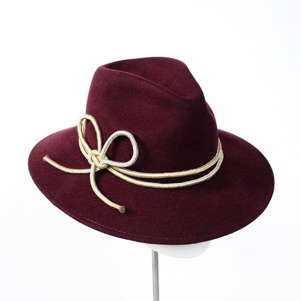 Sale! Burgundy felt fedora with gold cord bow.  Fabulous claret red and gold felt hat for Cheltenham races, wedding hat or, festival fedora