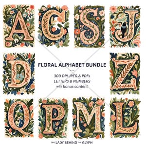 Floral Alphabet Buchstaben und Zahlen für Junk Journaling, Scrapbooking, Spielzimmer Wandkunst, hohe Auflösung, Initial Art, Alphabet Art, Karten, Drop Cap