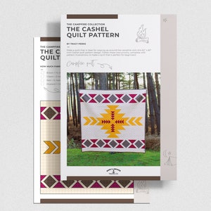 May include: A quilt pattern design called "The Cashel" from the Campfire Collection by Tracy Perks. The pattern features a geometric design with a central yellow and orange motif surrounded by red, gray, and brown diamond shapes. The pattern is shown on a white background with a forest scene in the background.