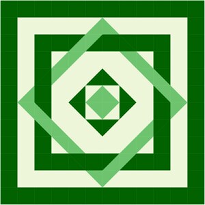 May include: A green and white geometric pattern with a square in the center. The square is surrounded by four green triangles that point towards the center. The triangles are surrounded by a white square, which is surrounded by a green square.