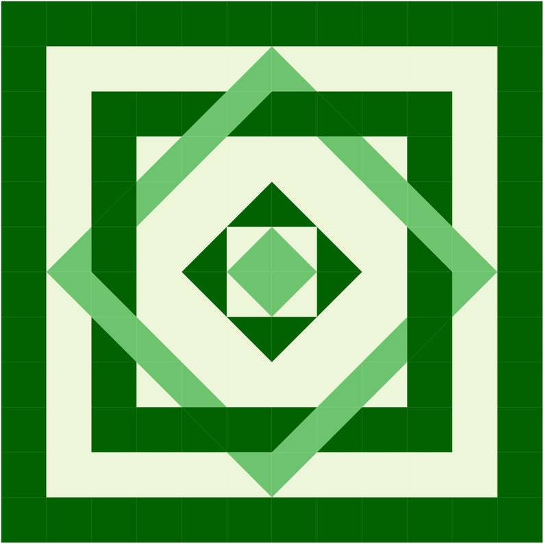 May include: A green and white geometric pattern with a square in the center. The square is surrounded by four green triangles that point towards the center. The triangles are surrounded by a white square, which is surrounded by a green square.
