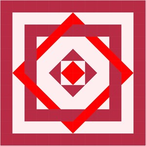 May include: A red and white geometric pattern with a red square in the center. The pattern is made up of squares and triangles.