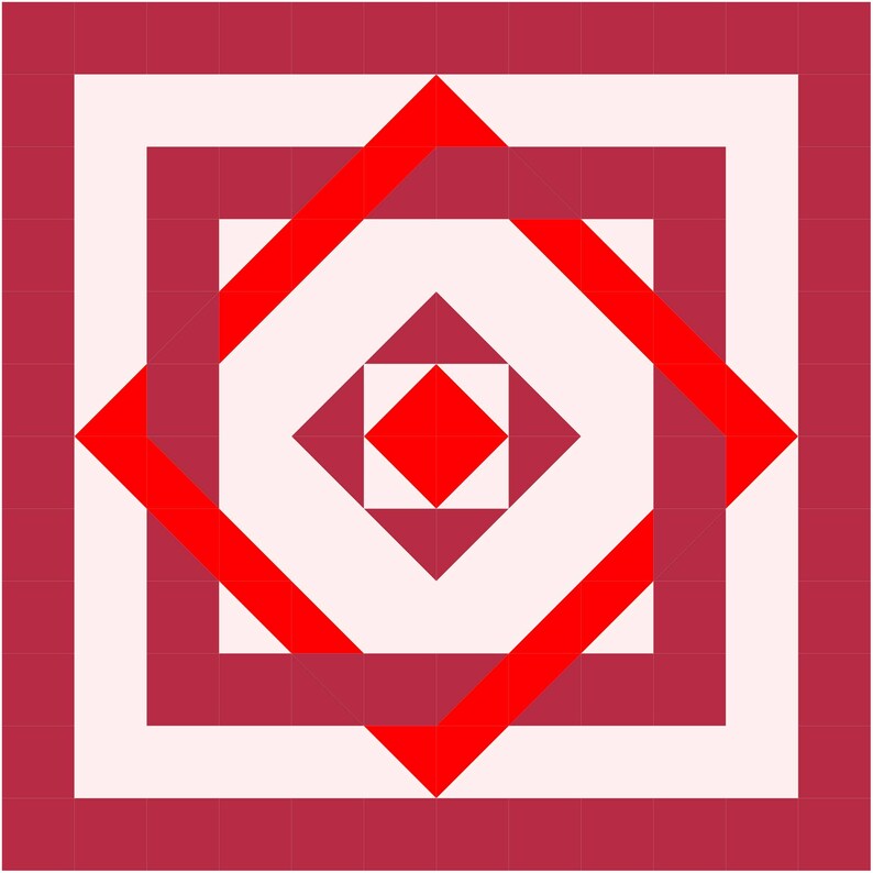 May include: A red and white geometric pattern with a red square in the center. The pattern is made up of squares and triangles.