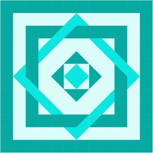 May include: A turquoise blue geometric pattern with a series of squares and diamonds within a larger square.