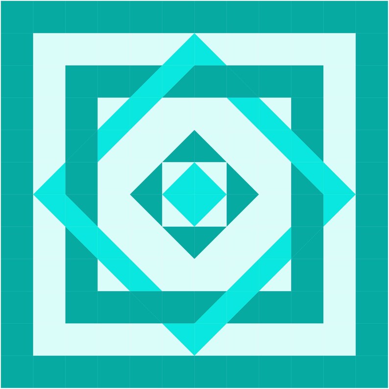 May include: A turquoise blue geometric pattern with a series of squares and diamonds within a larger square.