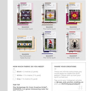 May include: A collection of quilt patterns featuring various designs, including a spider, a gnome, a Halloween table runner, and a geometric pattern. The patterns are available for purchase from Rope & Anchor Trading Co. and are for personal use only.