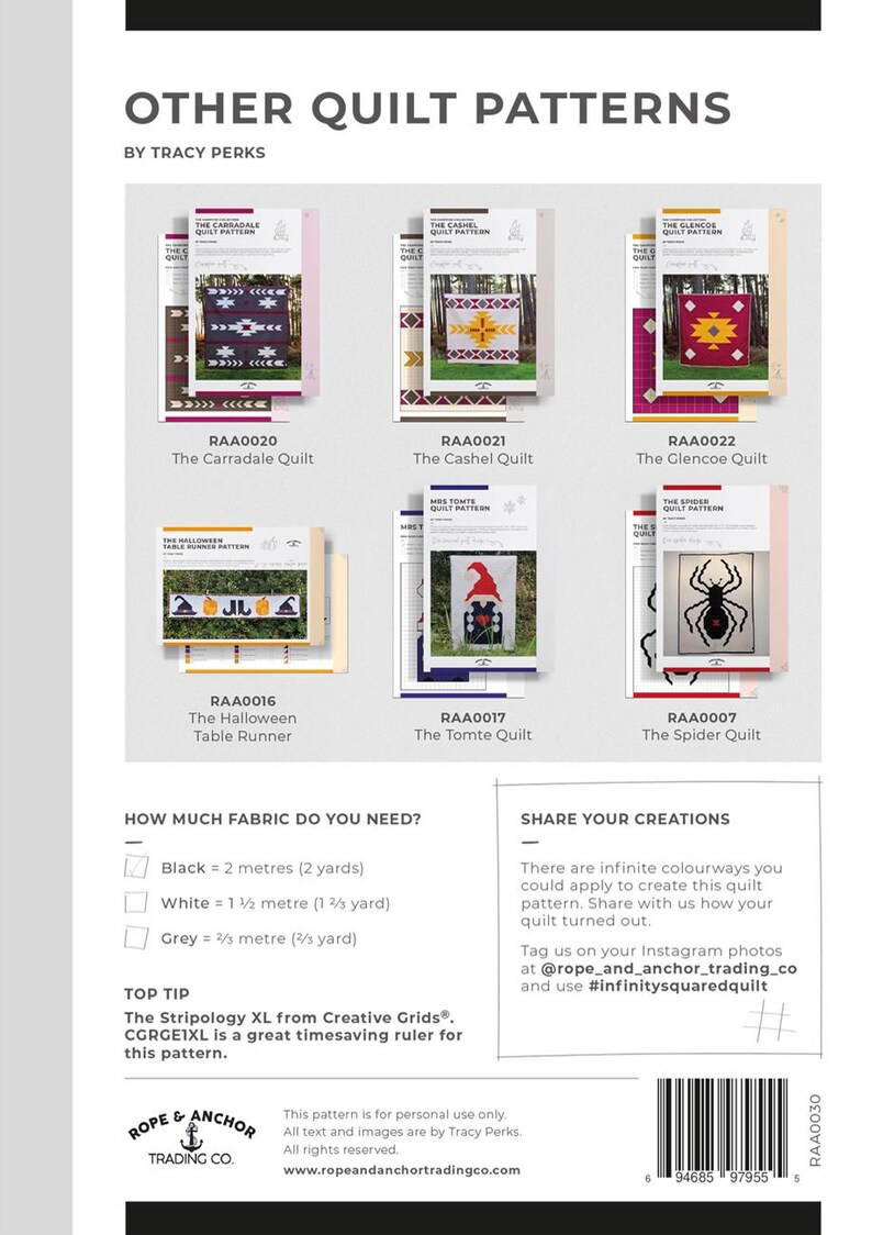 May include: A collection of quilt patterns featuring various designs, including a spider, a gnome, a Halloween table runner, and a geometric pattern. The patterns are available for purchase from Rope & Anchor Trading Co. and are for personal use only.