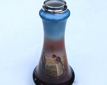 Beautiful antique blue and brown vase with transfer printed  illustration of rural scene, silver band at top, circa 1910-1912. Mother's Day