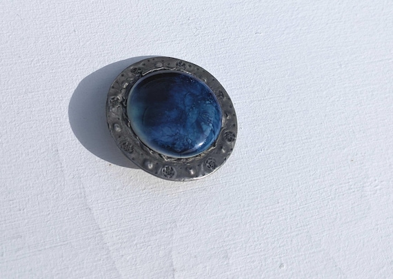 Antique Pewter Brooch, Ruskin Style Ceramic Cabochon, Inky Blue, 1910s