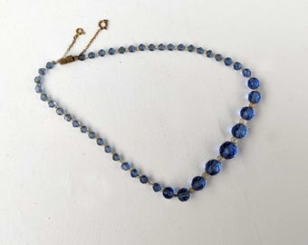 Collar antiguo de cristal azul y transparente, cierre de barril, cadena de seguridad de oro, c. 1910-1930