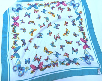 Bufanda vintage de mariposa, poliéster brillante, borde turquesa