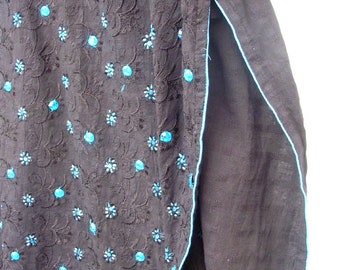Vestido túnica vintage de algodón indio, negro con detalles azules, talla 38