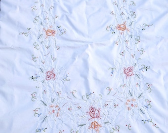 vintage white tablecloth with  openwork, white and coloured floral embroidery, scallop edge, circa 1930's