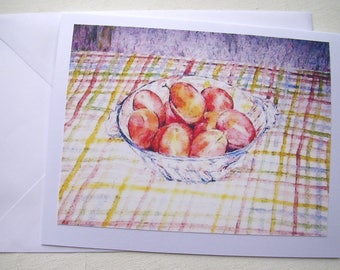 Bright and cheery handmade Mothers' Day greetings card, colourful greetings birthdays, thank you. vibrant bowl of plums image, blank inside