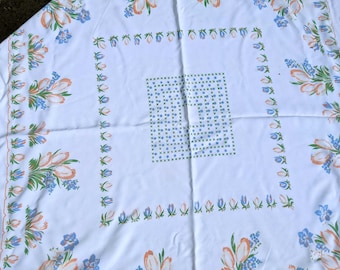 Mantel vintage con temática de azafrán para mesa pequeña, de forma aproximadamente cuadrada, tela de algodón suave, circa 1950-1960