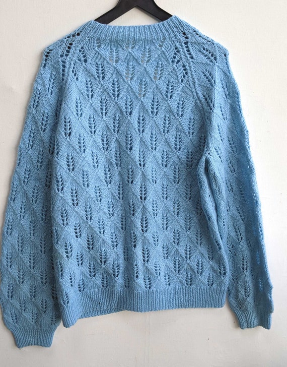Vintage v-neck jumper, hand knitted in light blue… - image 3
