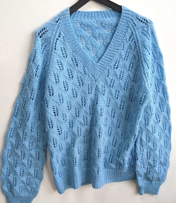 Vintage v-neck jumper, hand knitted in light blue… - image 1