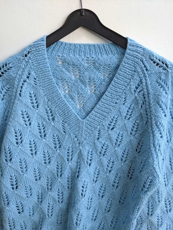 Vintage v-neck jumper, hand knitted in light blue… - image 2