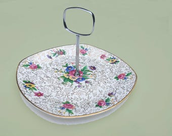 Plato para tartas vintage, asa cromada, diseño floral, Stylecraft Fashion Tableware, Midwinter, años 50.