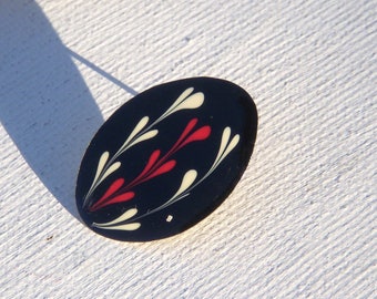 Unusual vintage oval earrings, handmade with black, red and white enamel on gold-tone metal, circa 1970's, Easter gift idea!