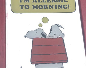 Espejo vintage de Snoopy de Peanuts con marco pintado de rojo y la frase "Alérgico a las mañanas", de los años 70-80.
