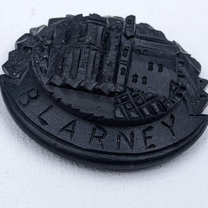 Antique Irish bog oak, Blarney Castle lid for snuff or pin box, circa 1890's-1900's