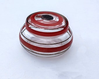 Gorgeous vintage Art Deco glass bowl with lid for dressing table trinkets, etc., Red and black stripes, circa 1930's, mother's Day gift