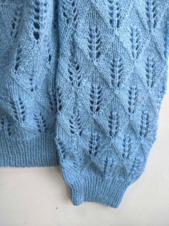 Vintage v-neck jumper, hand knitted in light blue… - image 4