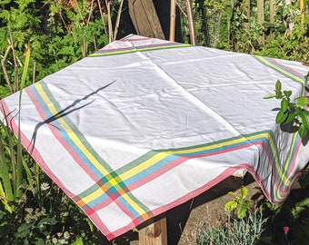 Very pretty and bright special occasion tablecloth with bright stripes on white, circa 1950's-60's