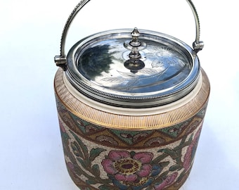 Beautiful antique Taylor Tunicliff ceramic biscuit barrel with silver plated handle and lid, circa late 1800's