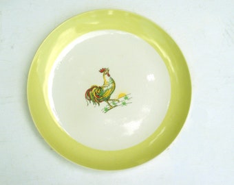 Impresionante plato vintage de gallo/gallo para Pascua con borde amarillo lima pálido, Wade, alrededor de 1950, 9 1/2 pulgadas de diámetro