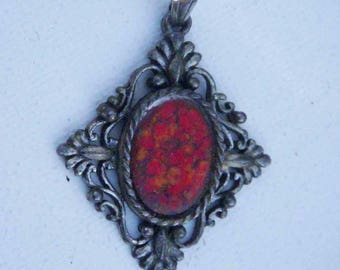 Vintage Red Cabochon Pendant, Diamond Shaped Metal Frame, 1970s